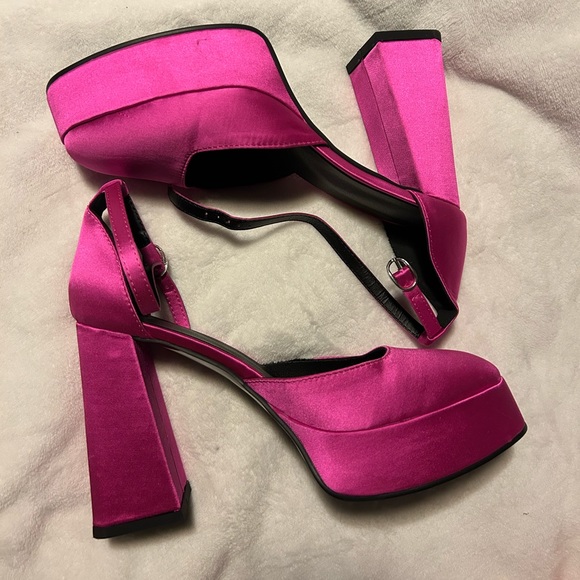 Hot Pink Women Ankle Strap Pumps Satin Chunky Heels - Picture 5 of 7